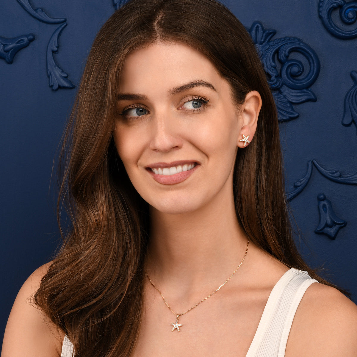 Gold Starfish Stud Earrings With Cubic Zirconia Stones For Women