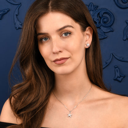 Silver Starfish Stud Earrings With Cubic Zirconia Stones For Women