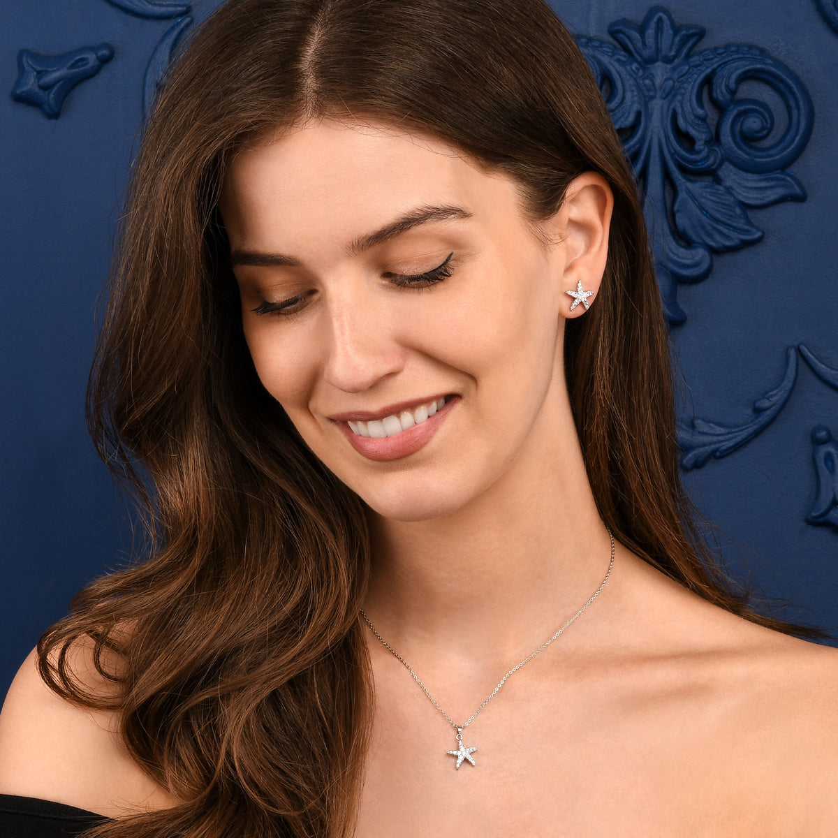 Silver Starfish Pendant Necklace for Women with Cubic Zirconia Stones
