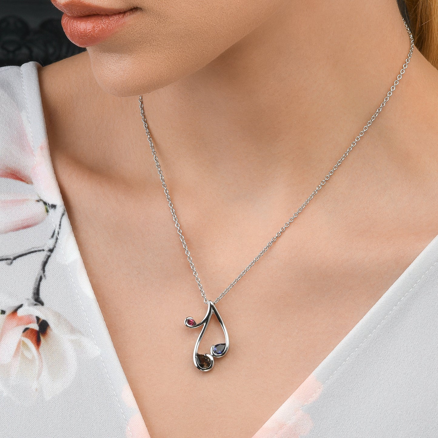 Sterling Silver Pendant Necklace with Natural Smoky Quartz, Iolite and Rhodolite Gemstones