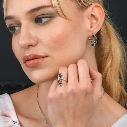 Floral Sterling Silver Ring with Smoky Quartz, Iolite & Rhodolite Gemstones
