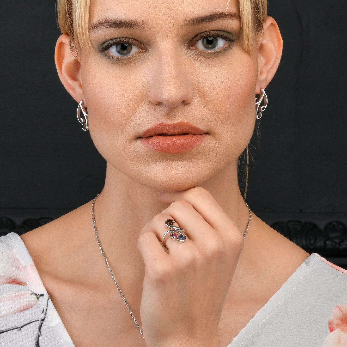 Floral Sterling Silver Ring with Smoky Quartz, Iolite & Rhodolite Gemstones