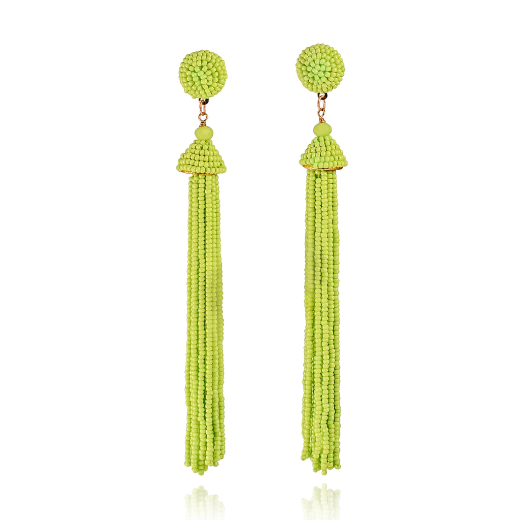 Long Bright Green Beaded Tassel Earrings for Women