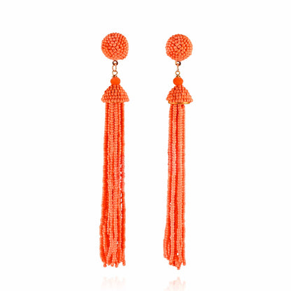 Long Bright Orange Beaded Tassel Earrings for Women