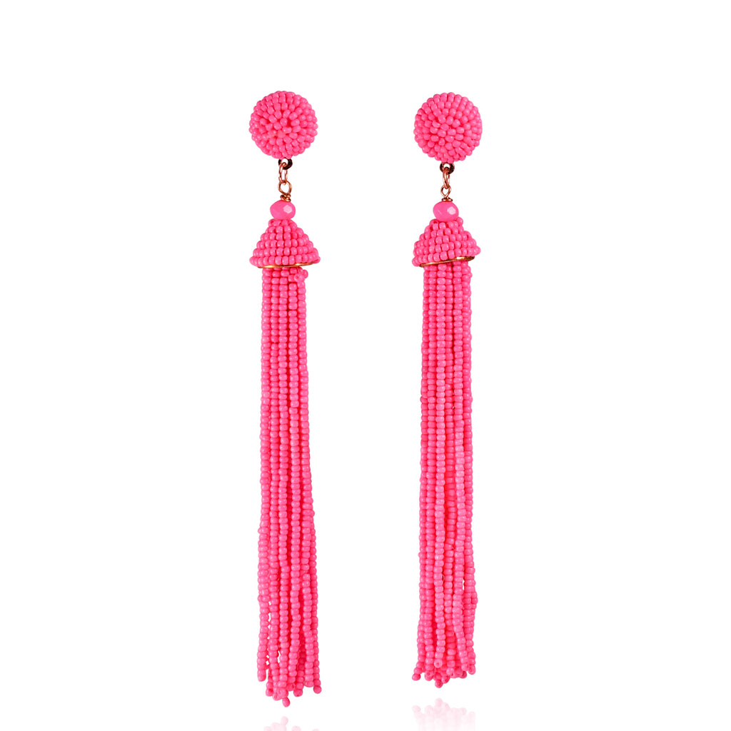 Long Bright Pink Beaded Tassel Earrings for Women