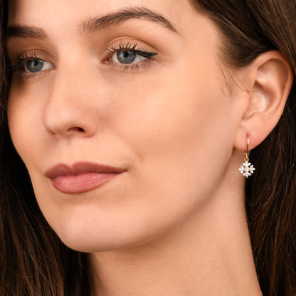 Gold Snowflake Drop Leverback Earrings With Cubic Zirconia For Women