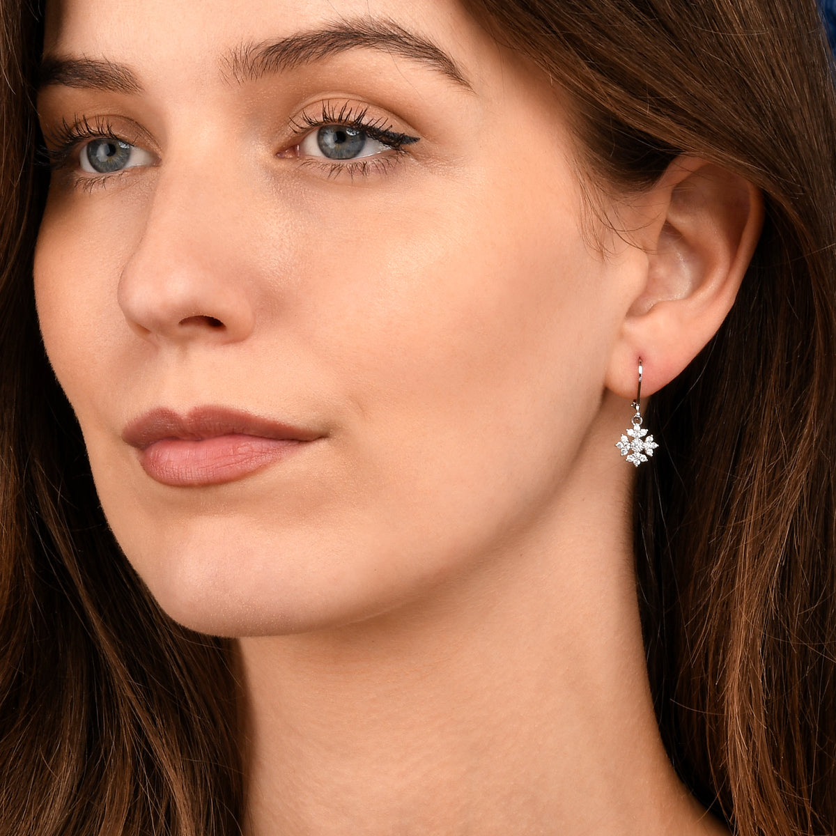 Silver Snowflake Drop Leverback Earrings With Cubic Zirconia For Women
