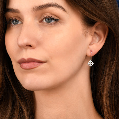 Silver Snowflake Drop Leverback Earrings With Cubic Zirconia For Women