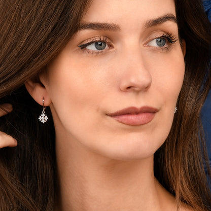 Silver Snowflake Drop Leverback Earrings With Cubic Zirconia For Women