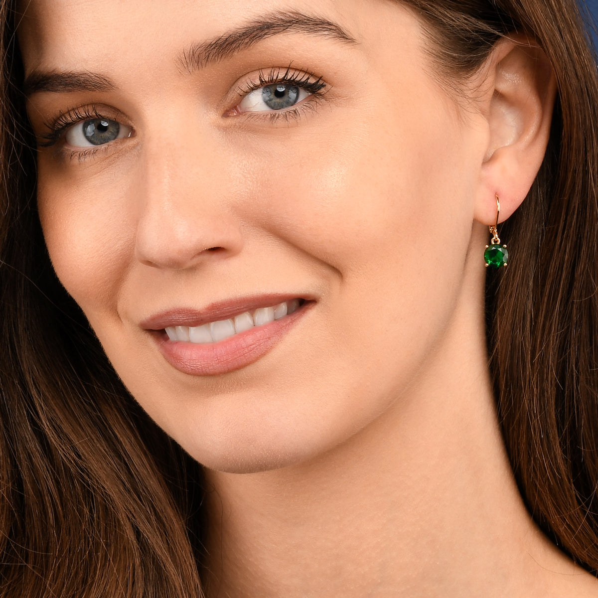 Gold Green Round Crystal Leverback Drop Earrings for Women
