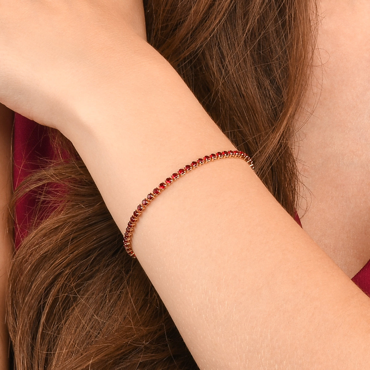 Dainty 2.5 mm Red Gold Tennis Bracelet with Red Cubic Zirconia Stones for Women