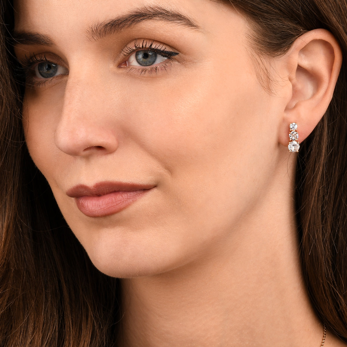 Gold Trilogy Stud Earrings for Women, Graduated Cubic Zirconia Earrings