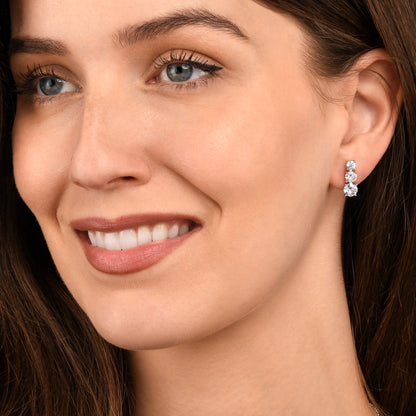 Silver Trilogy Stud Earrings for Women, Graduated Cubic Zirconia Earrings