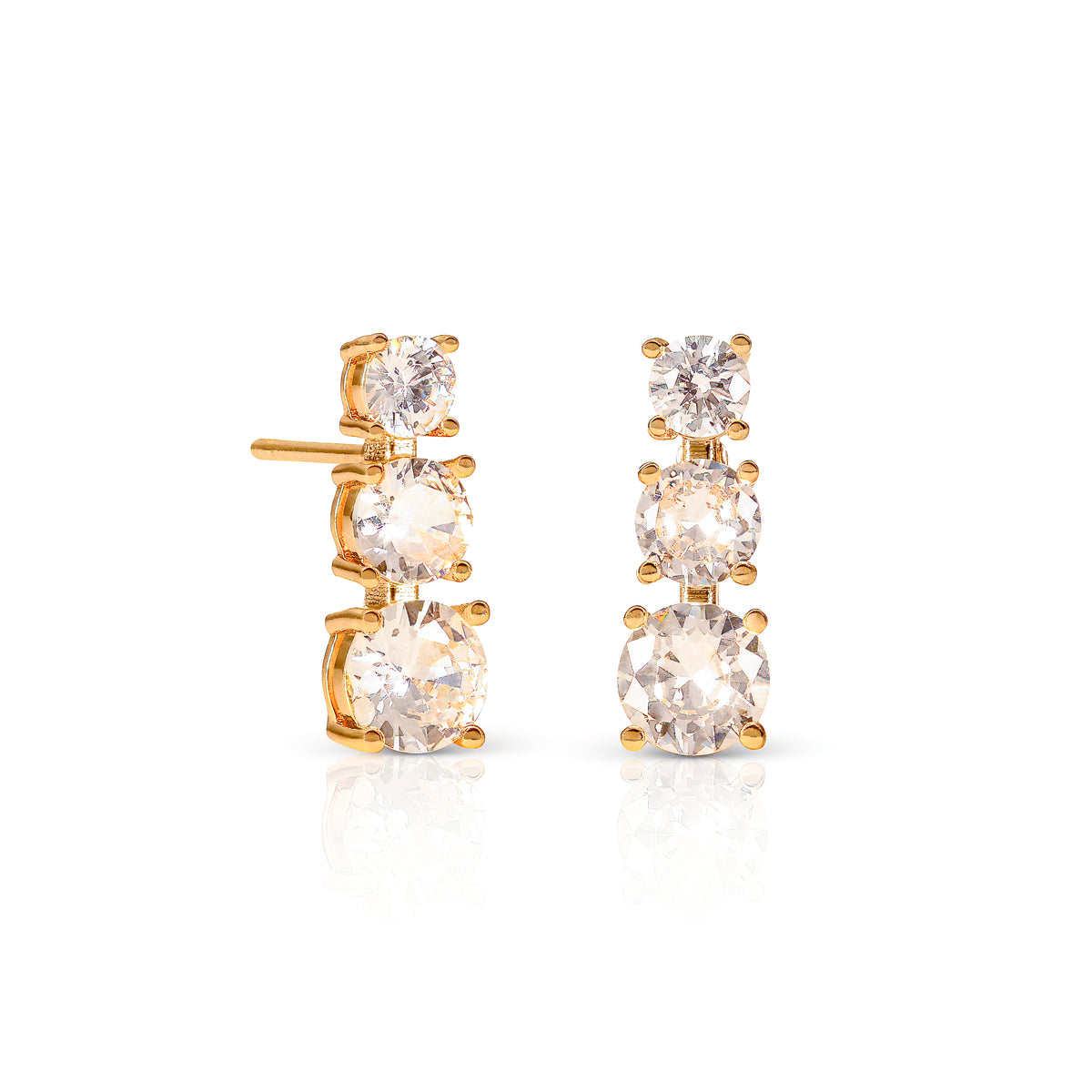 Gold Trilogy Stud Earrings for Women, Graduated Cubic Zirconia Earrings
