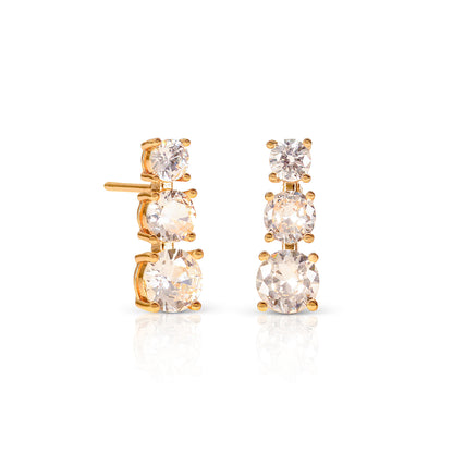 Gold Trilogy Stud Earrings for Women, Graduated Cubic Zirconia Earrings