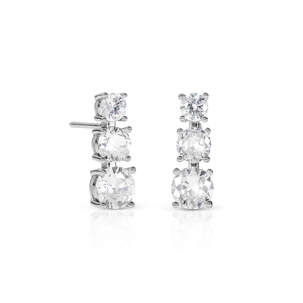 Silver Trilogy Stud Earrings for Women, Graduated Cubic Zirconia Earrings
