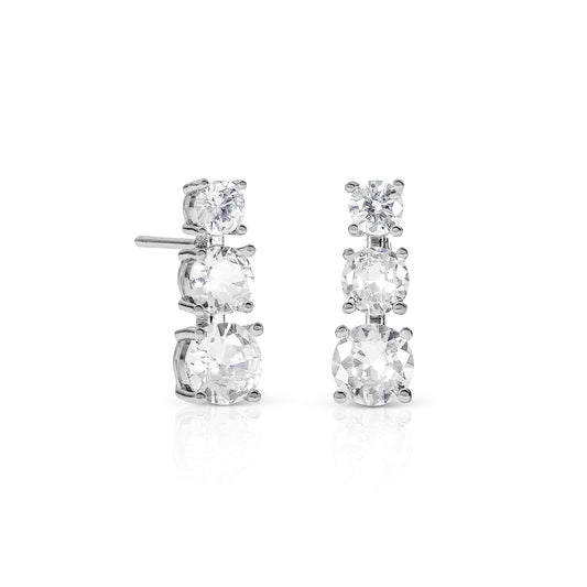 Silver Trilogy Stud Earrings for Women, Graduated Cubic Zirconia Earrings