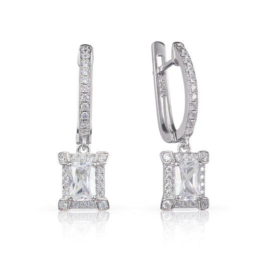 Sterling Silver Emerald Cut Drop Earrings for Women.