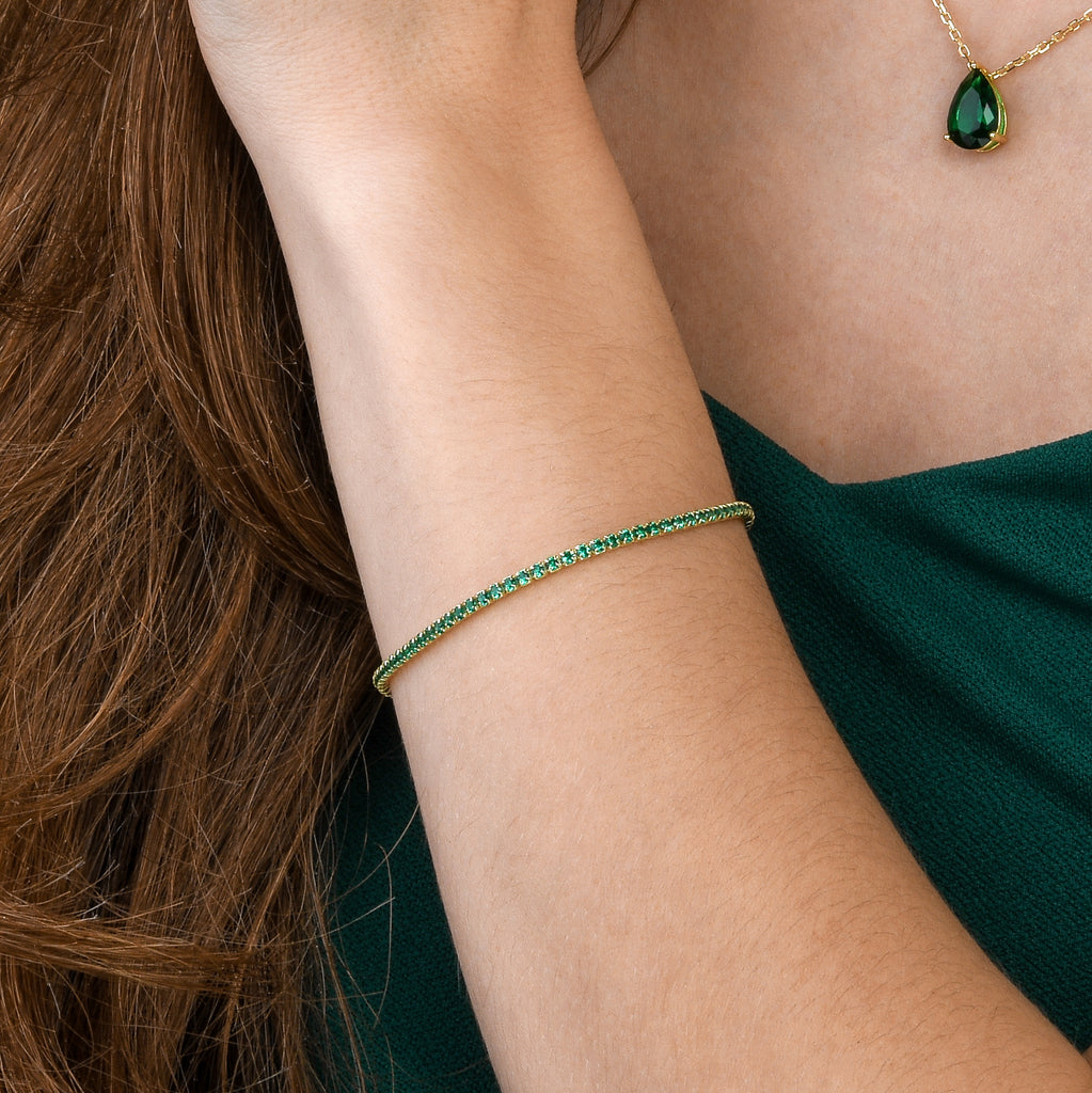 Gold Plated Skinny Green Tennis Bracelet for Women