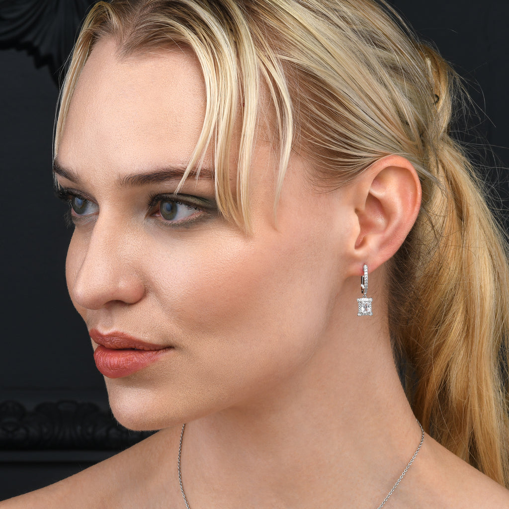 Sterling Silver Emerald Cut Drop Earrings for Women.