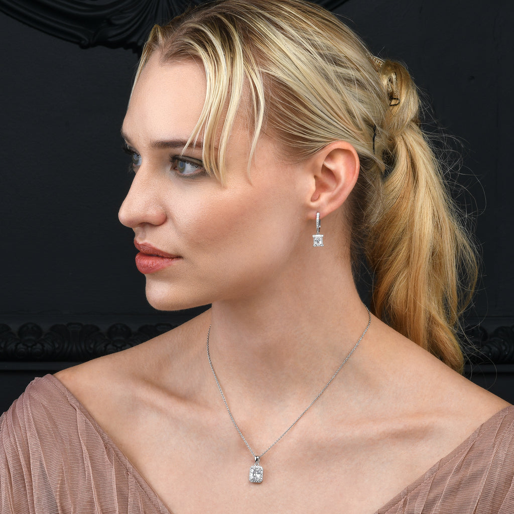 Sterling Silver Emerald Cut Drop Earrings for Women.