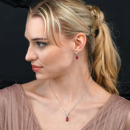 925 Sterling Silver Red Pear Shaped Pendant Necklace