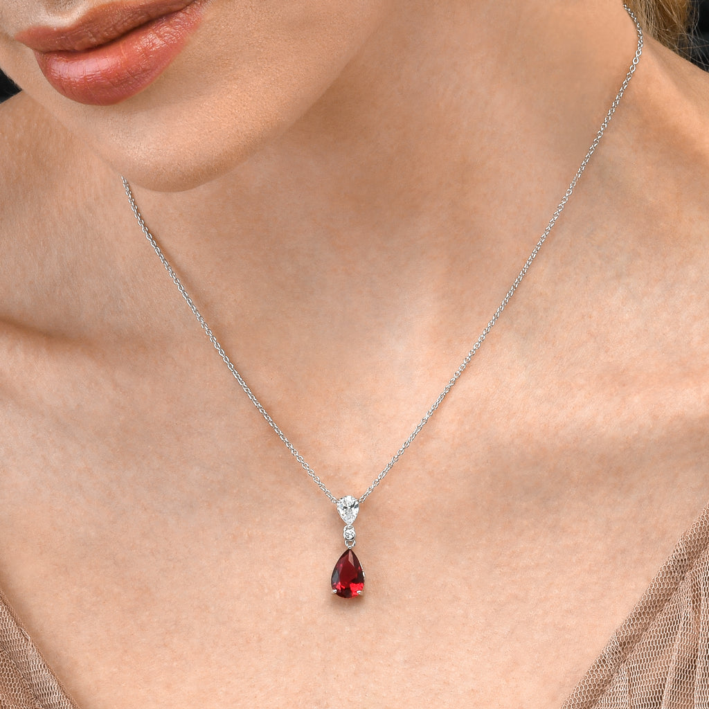 925 Sterling Silver Red Pear Shaped Pendant Necklace