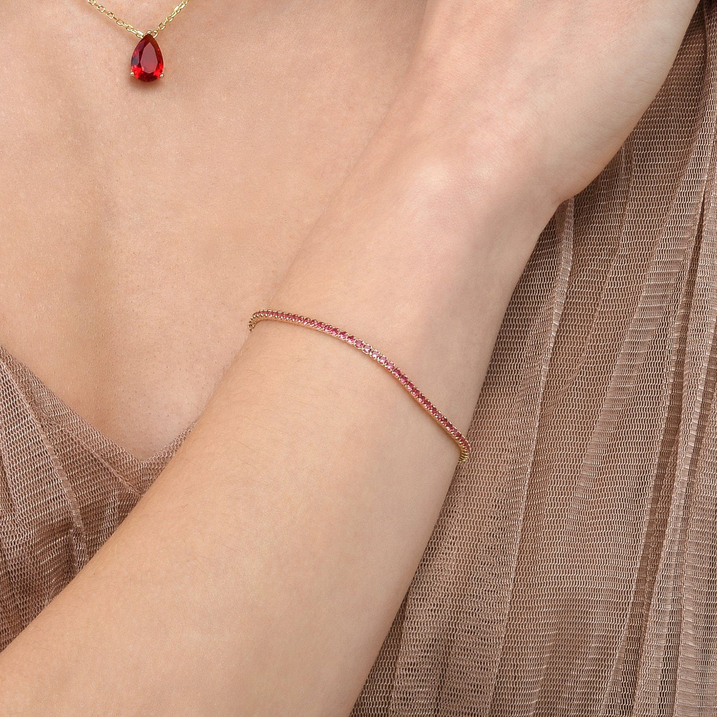 Gold Plated Skinny Pink Red Tennis Bracelet for Women