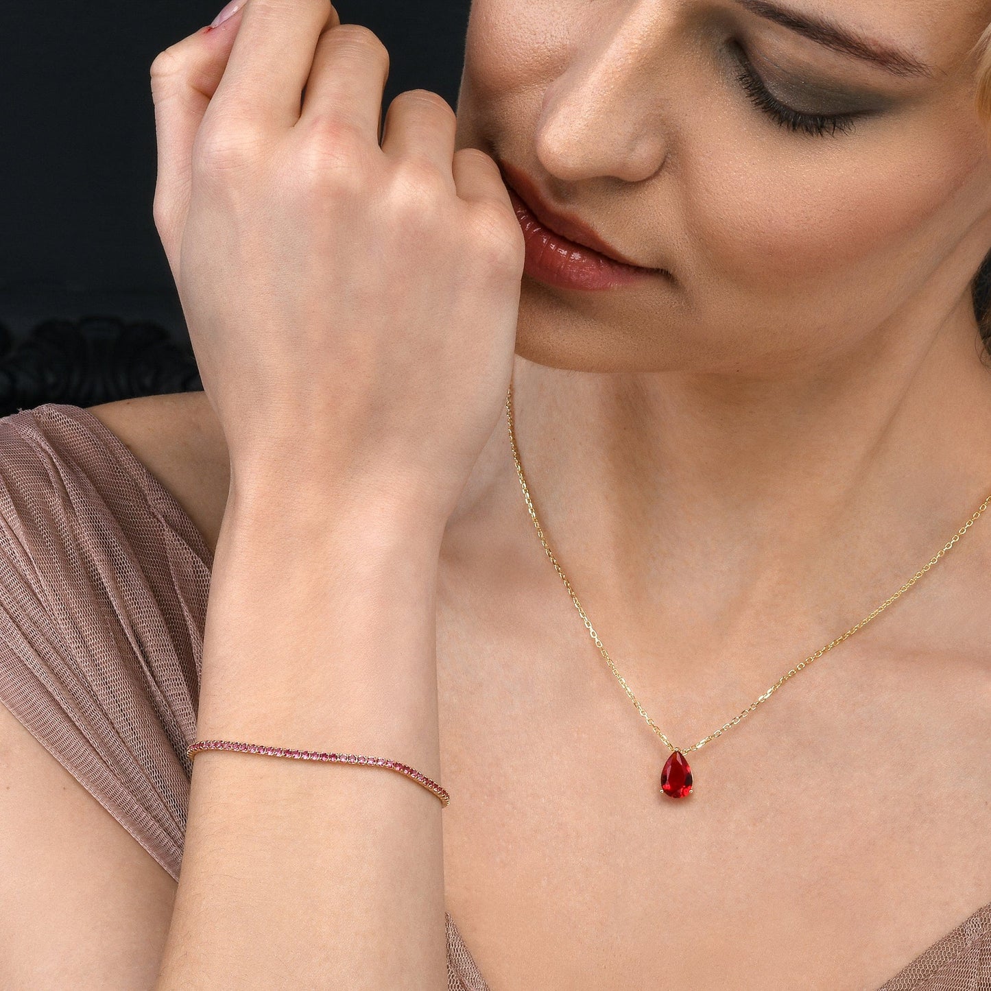 Gold Plated Skinny Pink Red Tennis Bracelet for Women