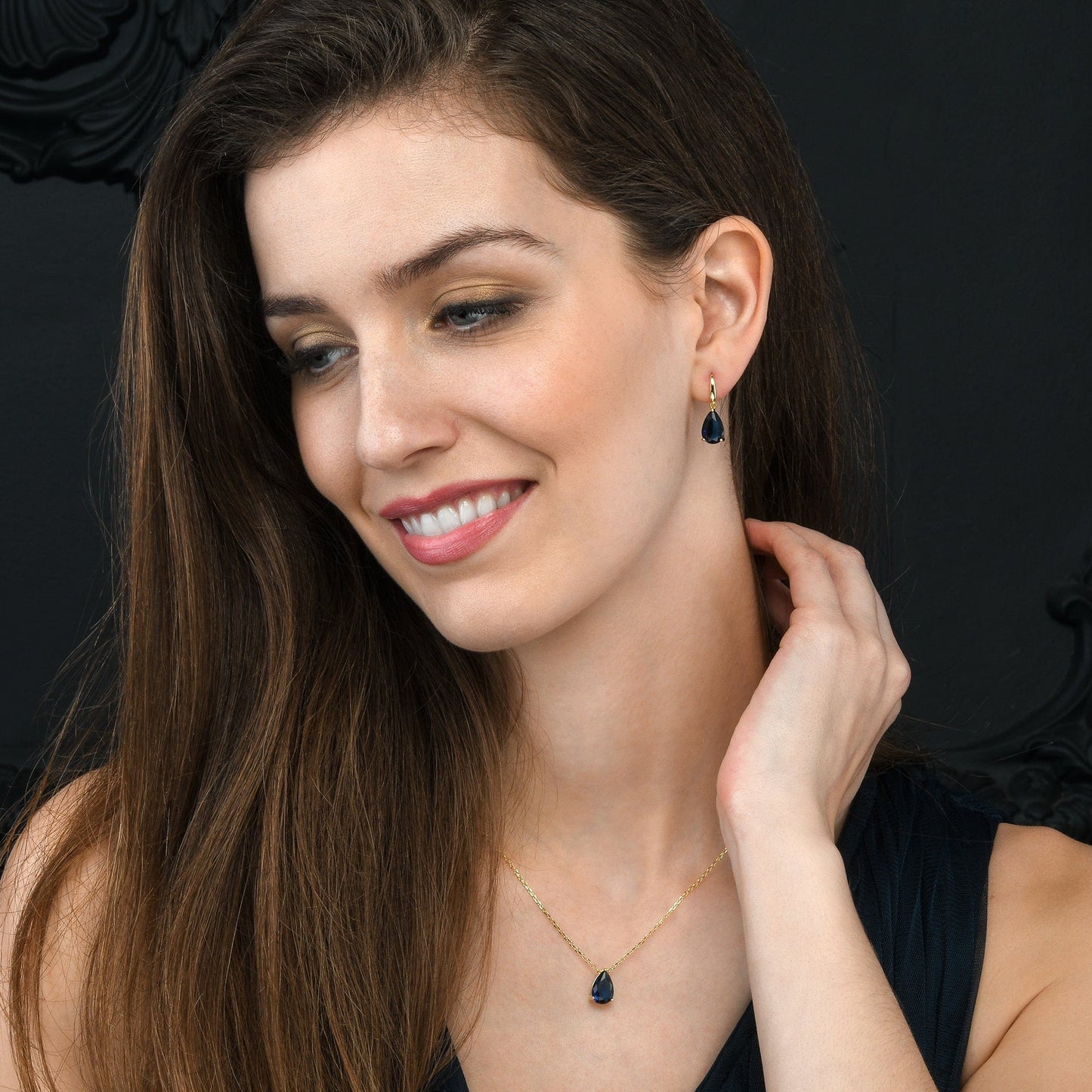 Gold Plated Blue Pear Drop Earrings