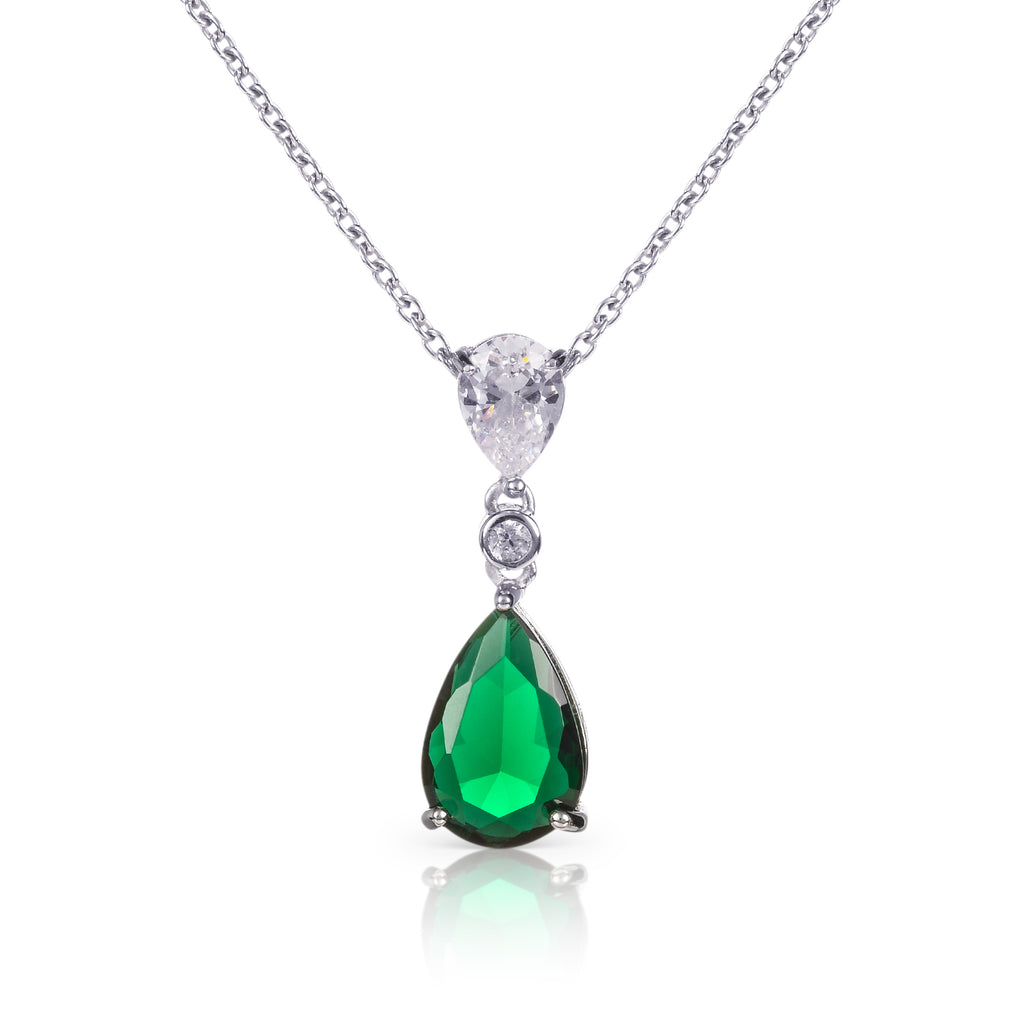 925 Sterling Silver Green Pear Shaped Pendant Necklace