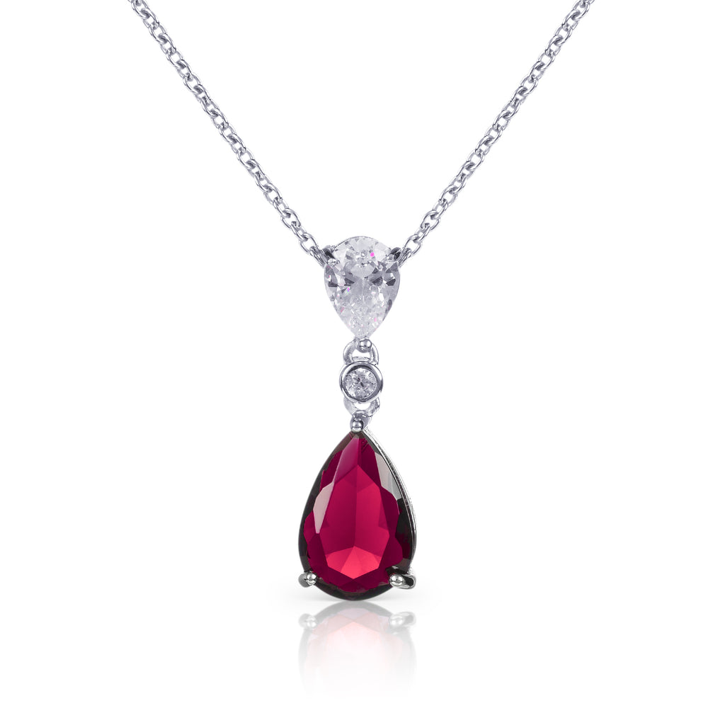 925 Sterling Silver Red Pear Shaped Pendant Necklace