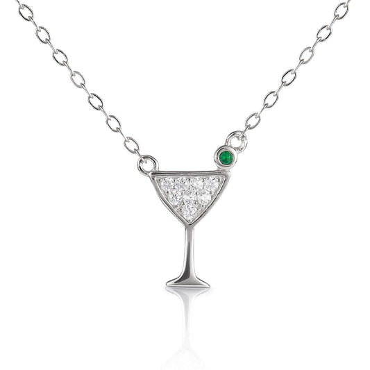 Sterling Silver Cocktail Glass Pendant Necklace with Cubic Zirconia