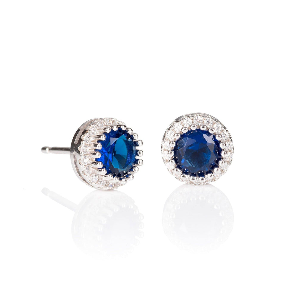 Halo Stud Earrings with Blue Cubic Zirconia Stones - namana.london