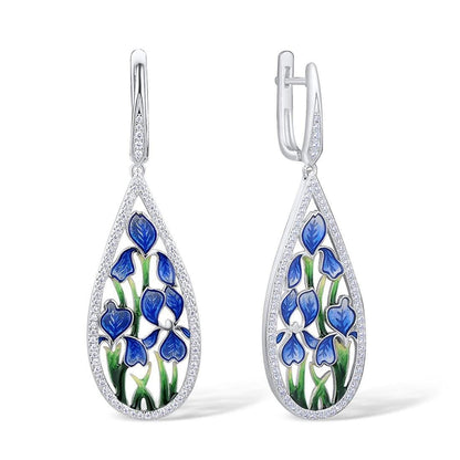 Sterling Silver Statement Drop Earrings for Women with Enamel Flower Details and Cubic Zirconia Gemstones - namana.london