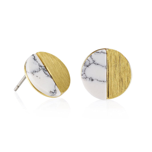 Gold Disc Stud Earrings with Created White Agates - namana.london