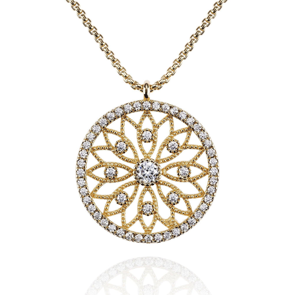Gold Mandala Arabesque Pendant Necklace with Cubic Zirconia