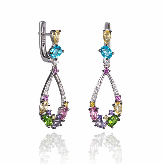 Sterling Silver Colourful Drop Earrings for Women with Multicoloured Stones and Cubic Zirconia Gemstones - namana.london