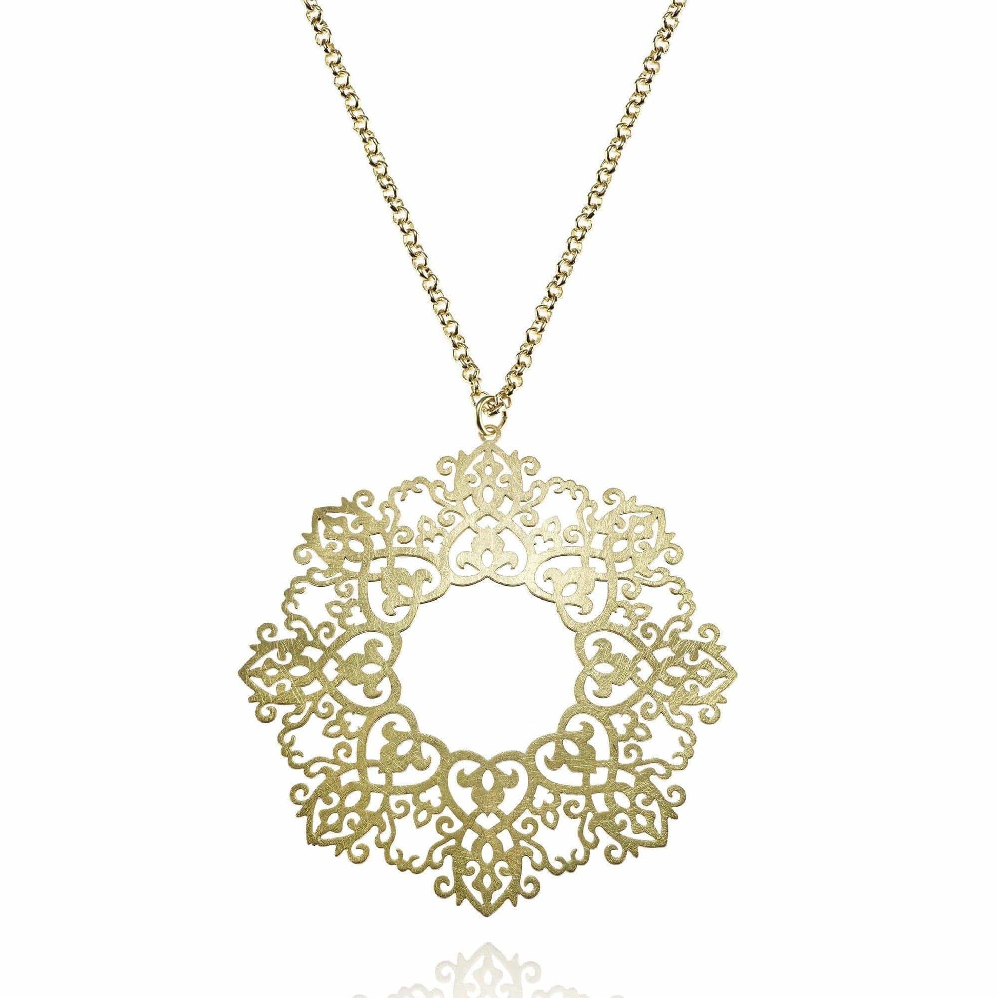 Long Gold Mandala Pendant Necklace with Brushed Finish - namana.london