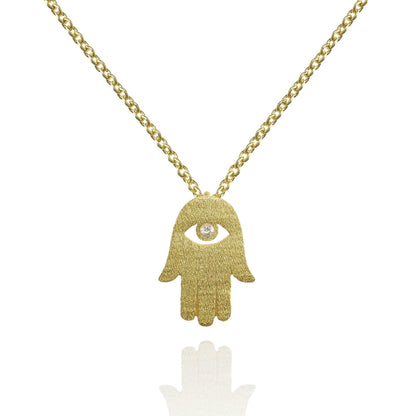 Gold Hamsa Pendant Necklace. Brushed Finish Lucky Charm Necklace. - namana.london