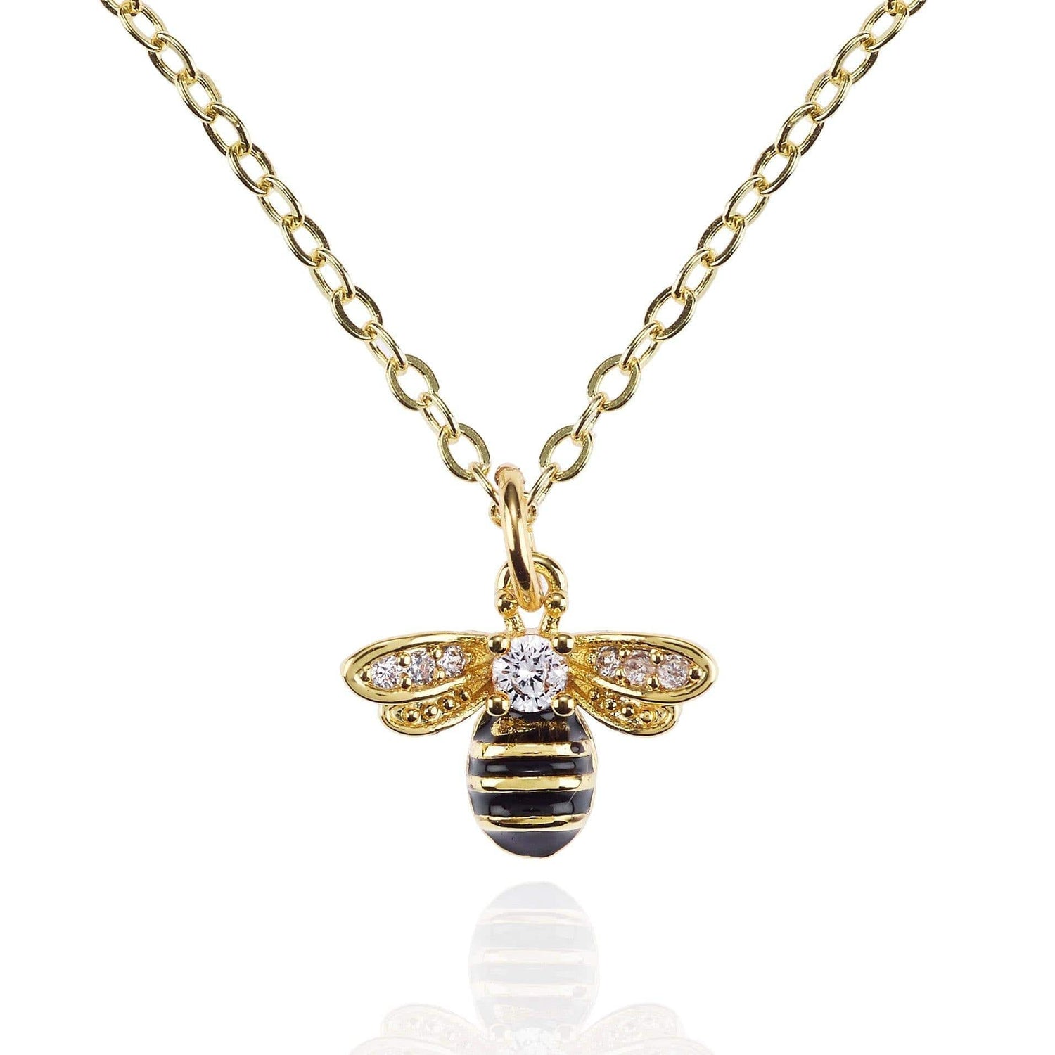 Gold Bumble Bee Necklace with Cubic Zirconia and Black Enamel - namana.london