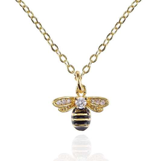 Gold Bumble Bee Necklace with Cubic Zirconia and Black Enamel - namana.london