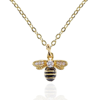 Gold Bumble Bee Necklace with Cubic Zirconia and Black Enamel - namana.london