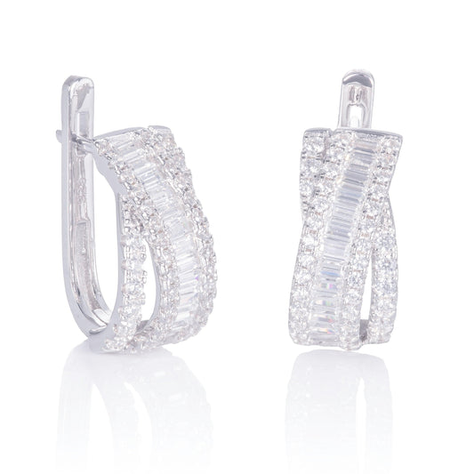 Sterling Silver Large Hoop Earrings for Women with Baguette Stones - namana.london