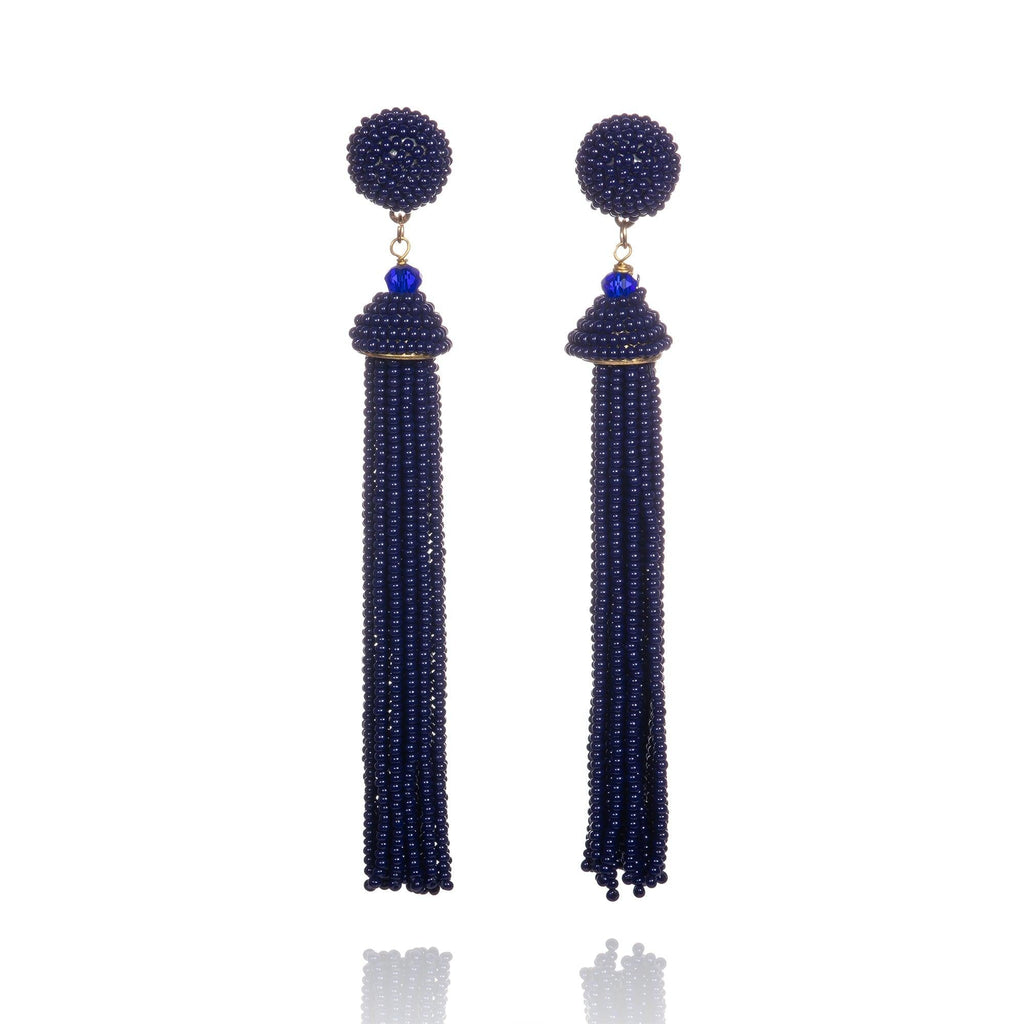 Long Blue Beaded Tassel Earrings for Women - namana.london