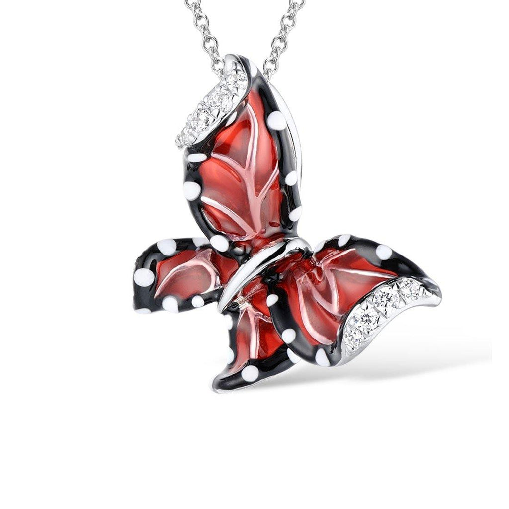 Sterling Silver Burgundy Enamel Butterfly Pendant Necklace for Women