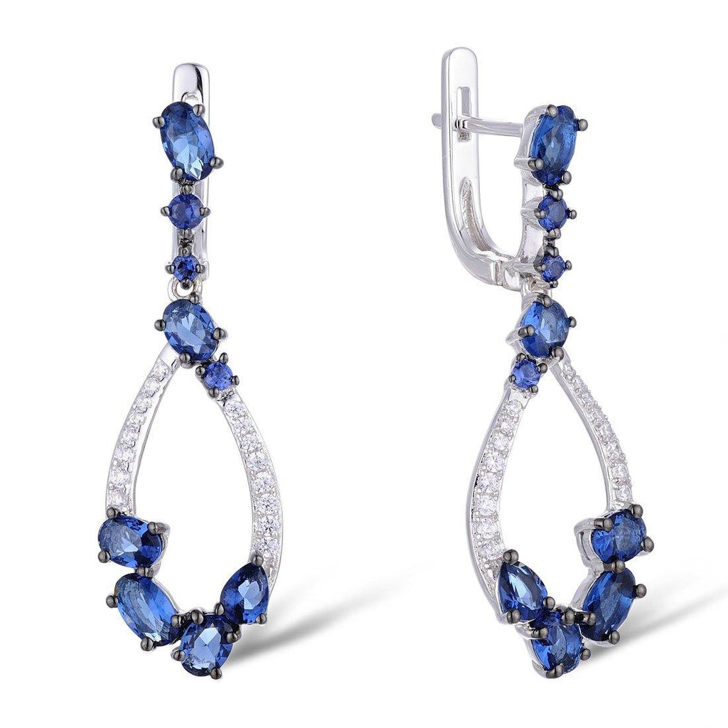 Sterling Silver Long Drop Earrings for Women with Blue Stones and