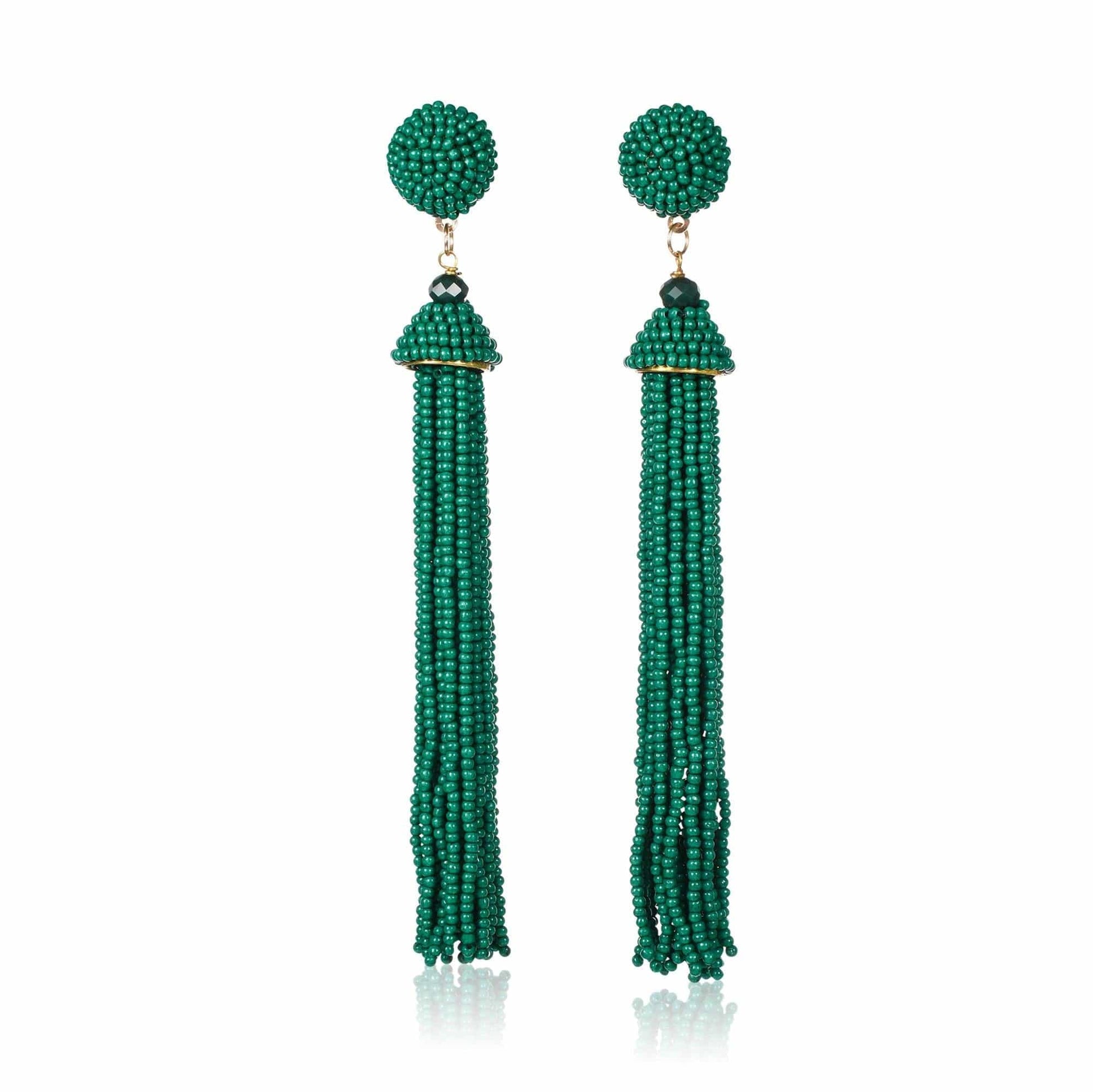 Long Beaded Green Tassel Earrings for Women - namana.london