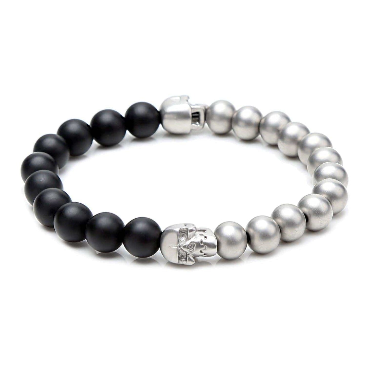 Skull Bead Stretch Bracelet for Men in Steel and Black Agates - namana.london
