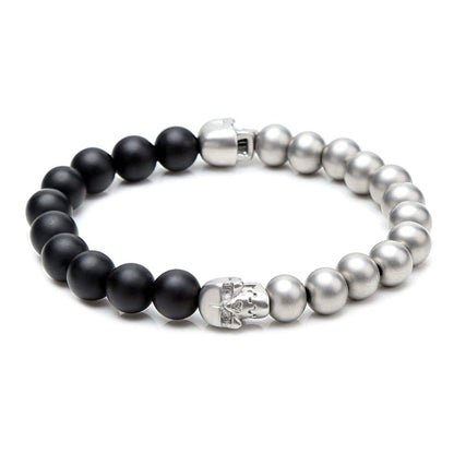 Skull Bead Stretch Bracelet for Men in Steel and Black Agates - namana.london